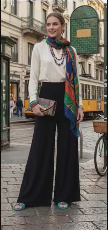 video della vestibilità del pantalone a palazzo gelso nero