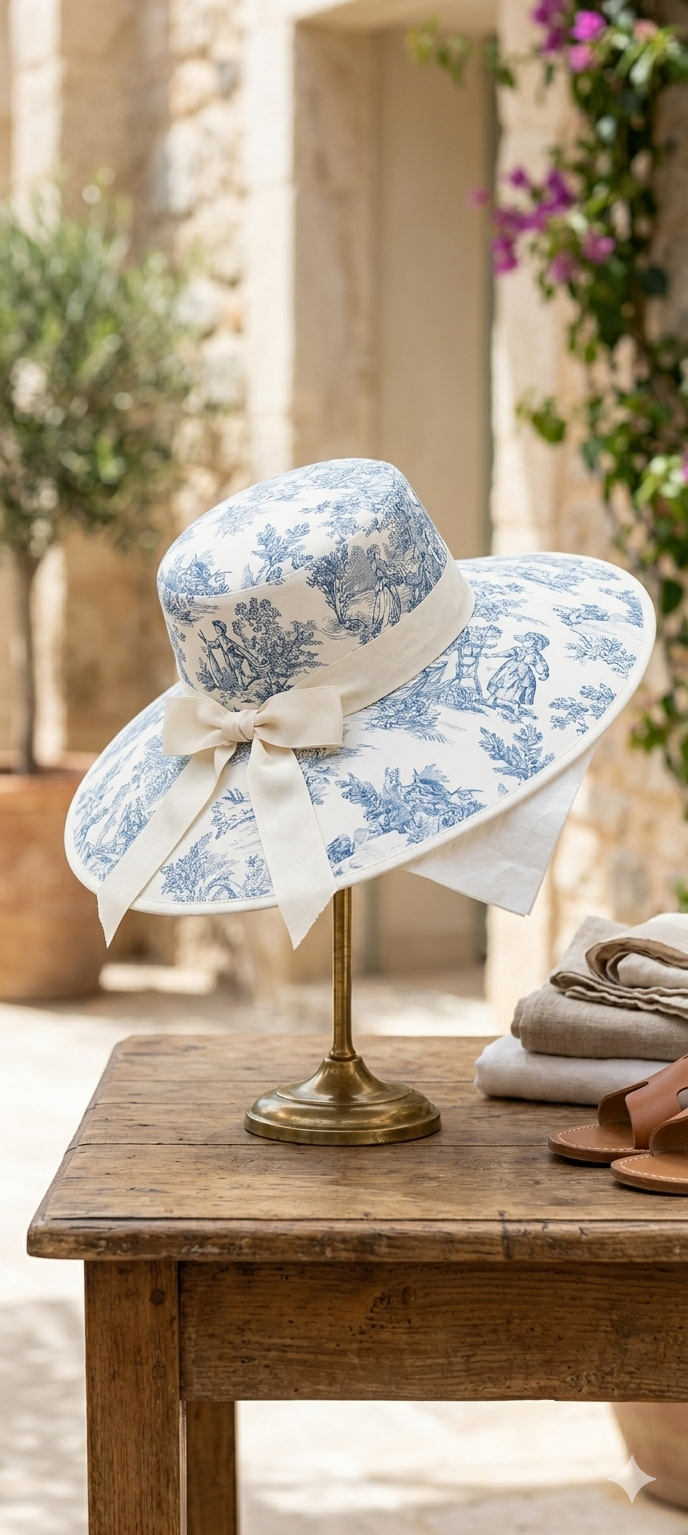 Dettaglio fiocco in cotone del Cappello Positano Toile de Jouy – Erresse Sartoria