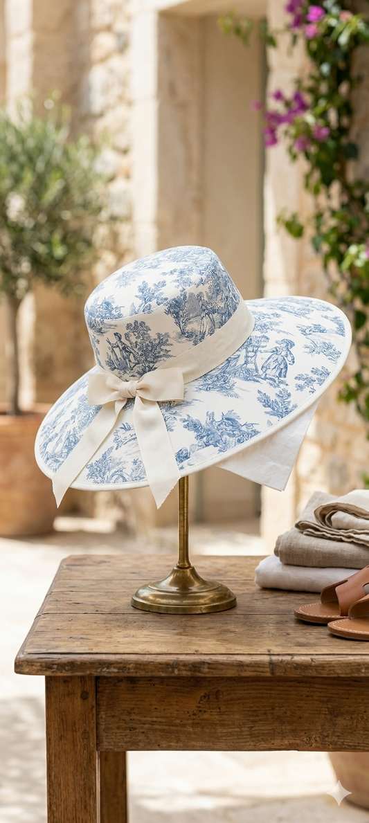 Dettaglio fiocco in cotone del Cappello Positano Toile de Jouy – Erresse Sartoria
