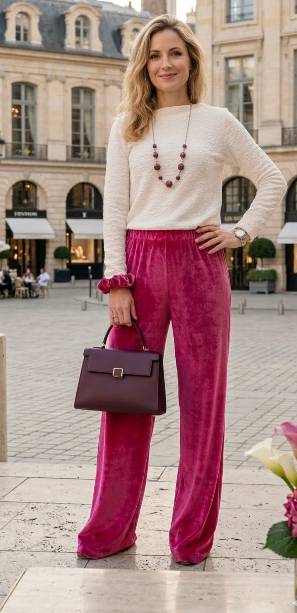 Maglia basica Cristina abbinata al pantalone bianca di velluto colore ciclamino 