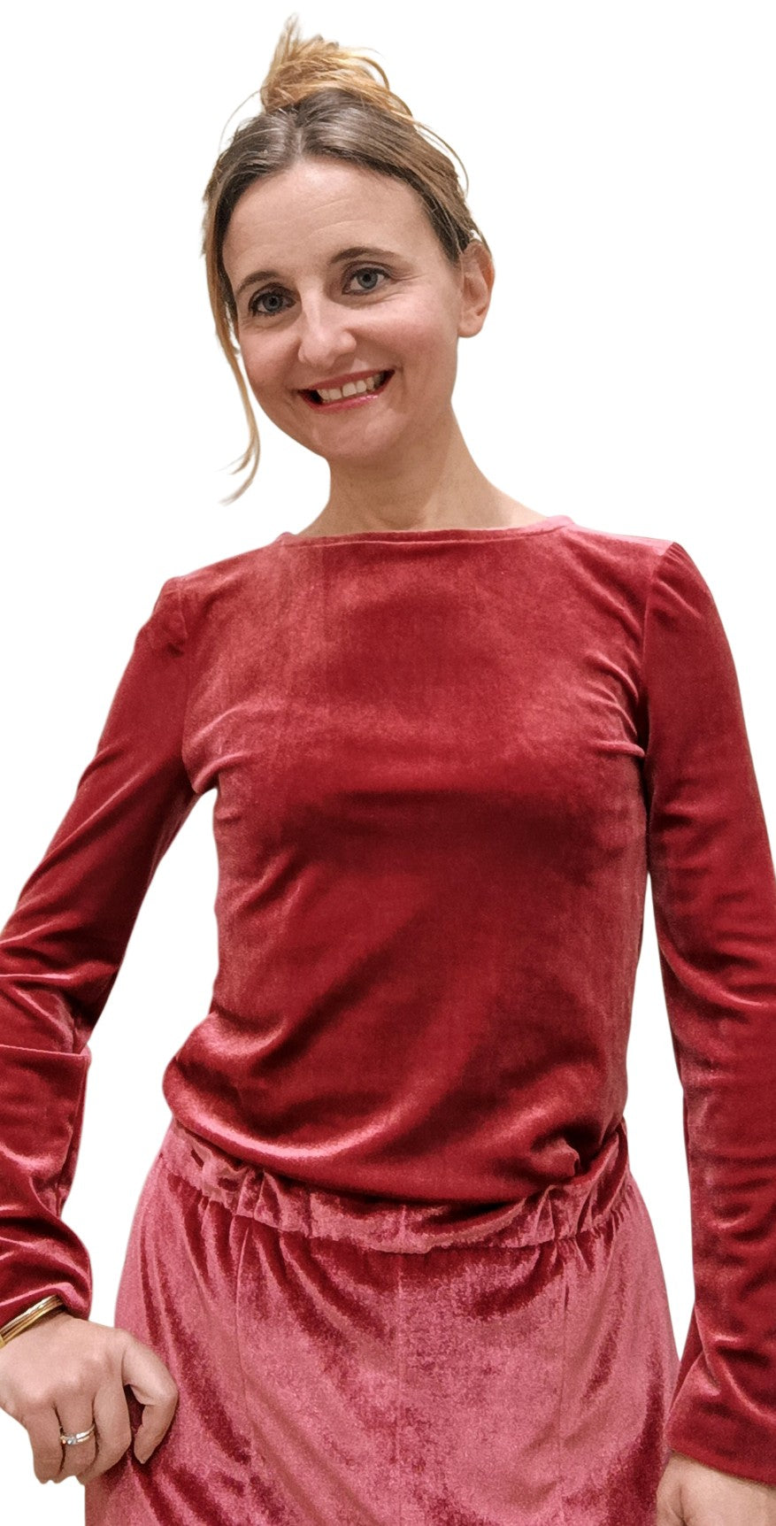 Maglia basica Cristina in velluto color lampone, bluette o ciclamino