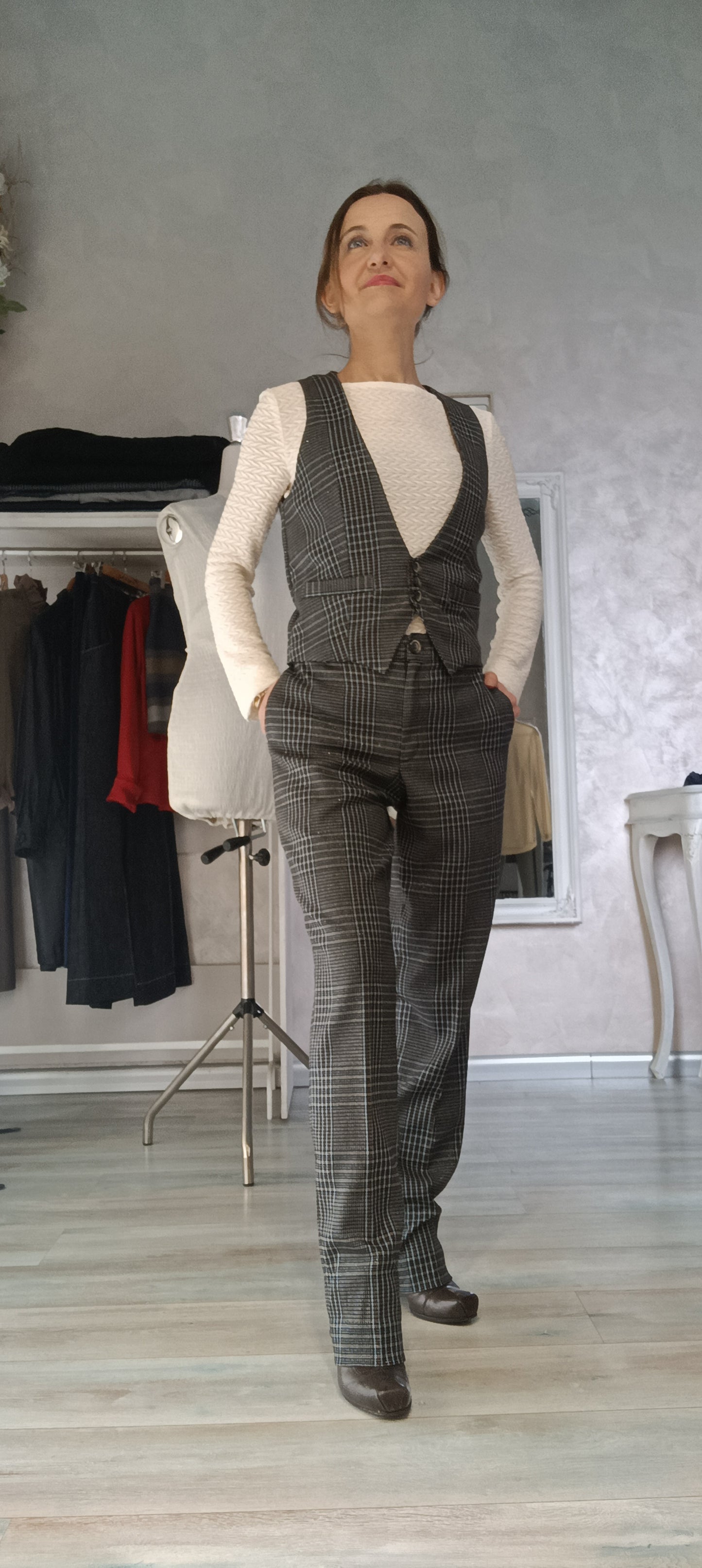 Pantalone elegante a quadri con lurex, modello Ginevra fatto a mano in Italia