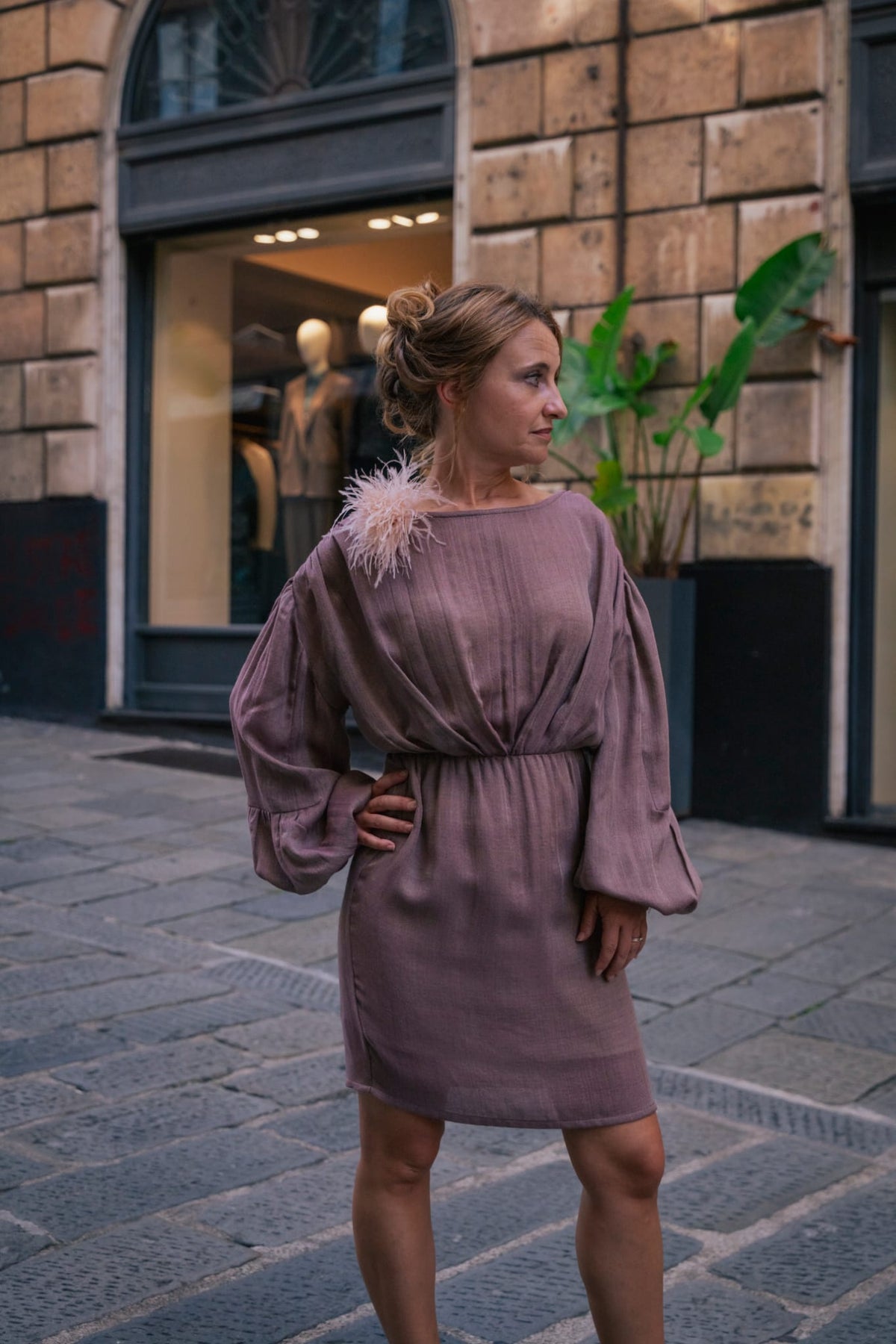 Flared dress in antique mauve wool and silk gauze
