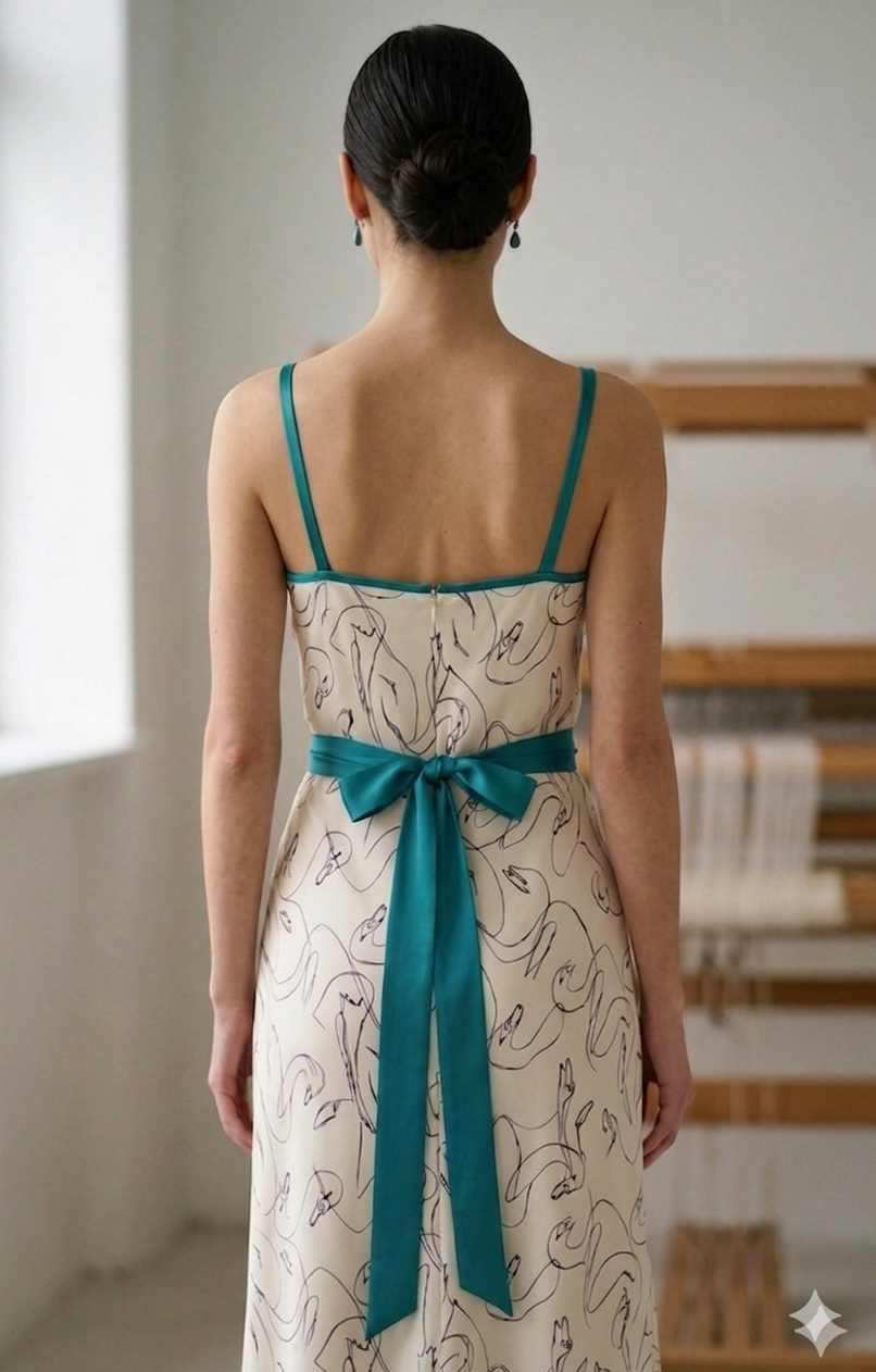 Slip dress Ametista - fuori seta fantasia cigni ,interno raso di viscosa turchese - vista posteriore - Erresse Sartoria