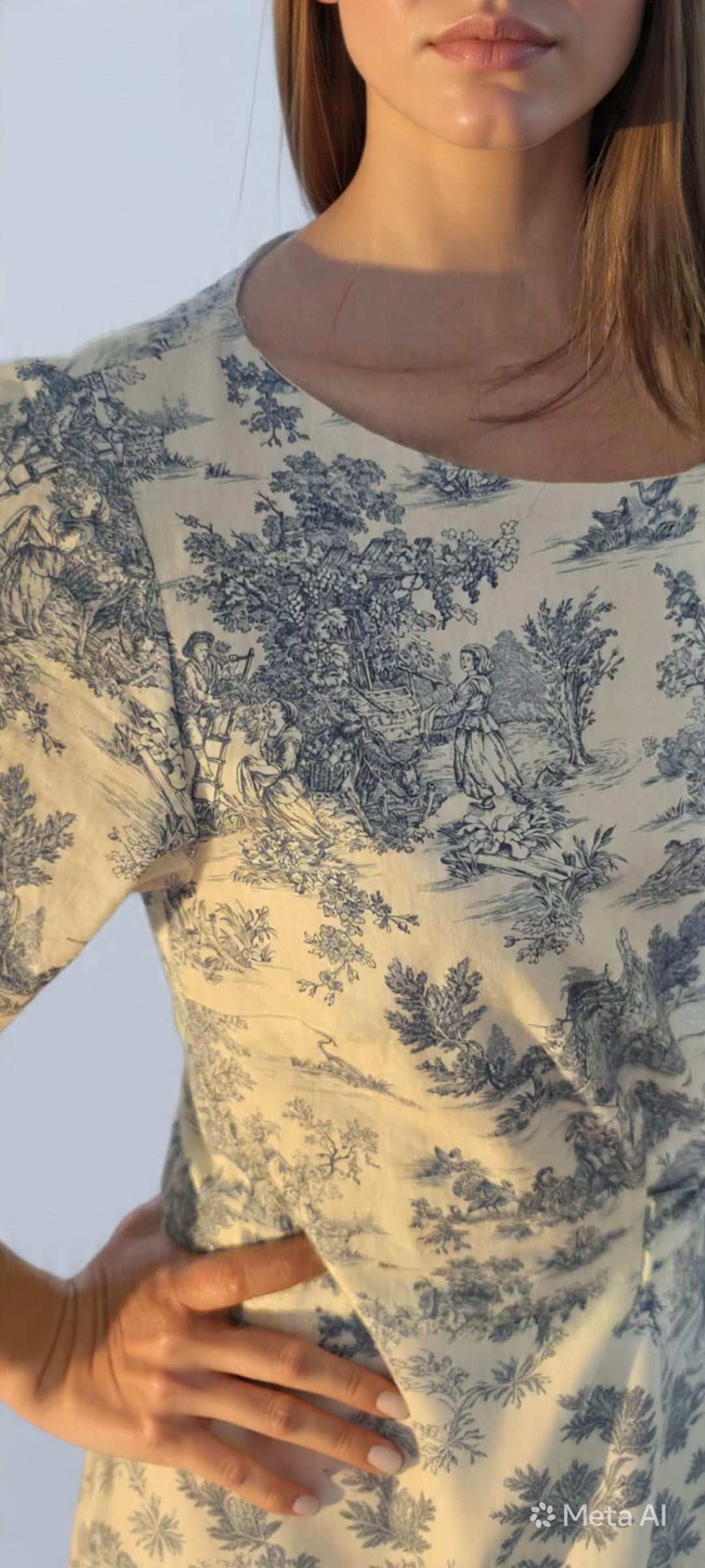 Abito modello Angeina in Toile de Jouy - dettaglio scollo e tessuto - Erresse Satoria