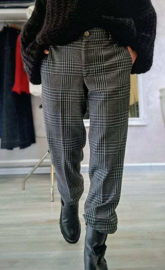 Pantalone Ginevra in lana e viscosa a quadri con lurex, taglio classico