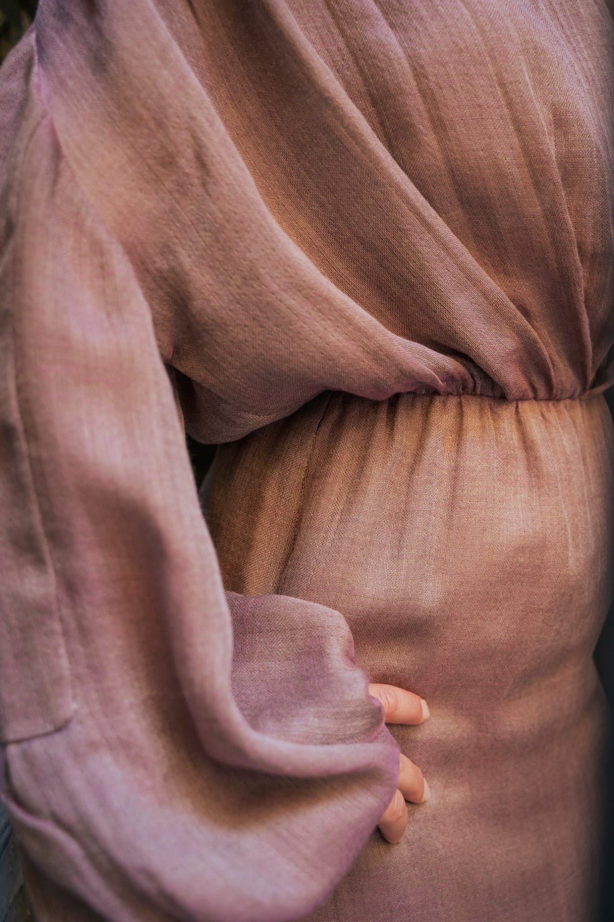 Flared dress in antique mauve wool and silk gauze