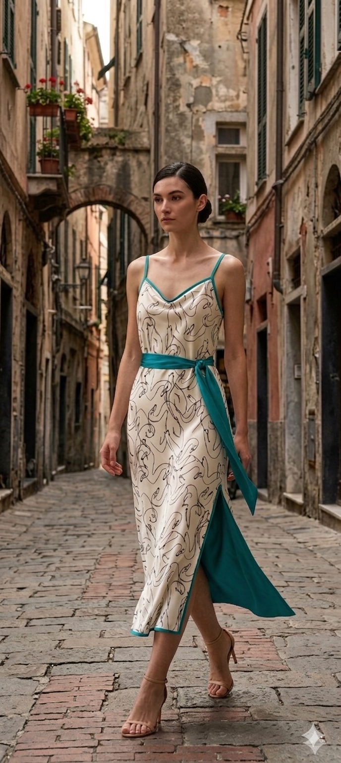 Slip dress Ametista - fuori seta fantasia cigni ,interno raso di viscosa turchese - dettaglio apertura spacco - Erresse Sartoria