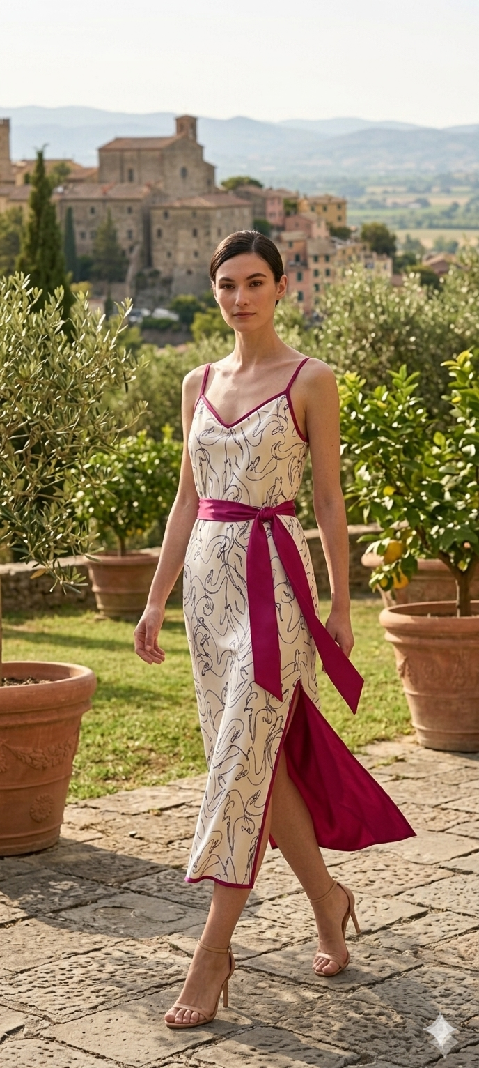Slip dress Ametista - fuori seta fantasia cigni, interno raso di viscosa fucsia - vista frontale intera- dettaglio camminata - Erresse Sartoria