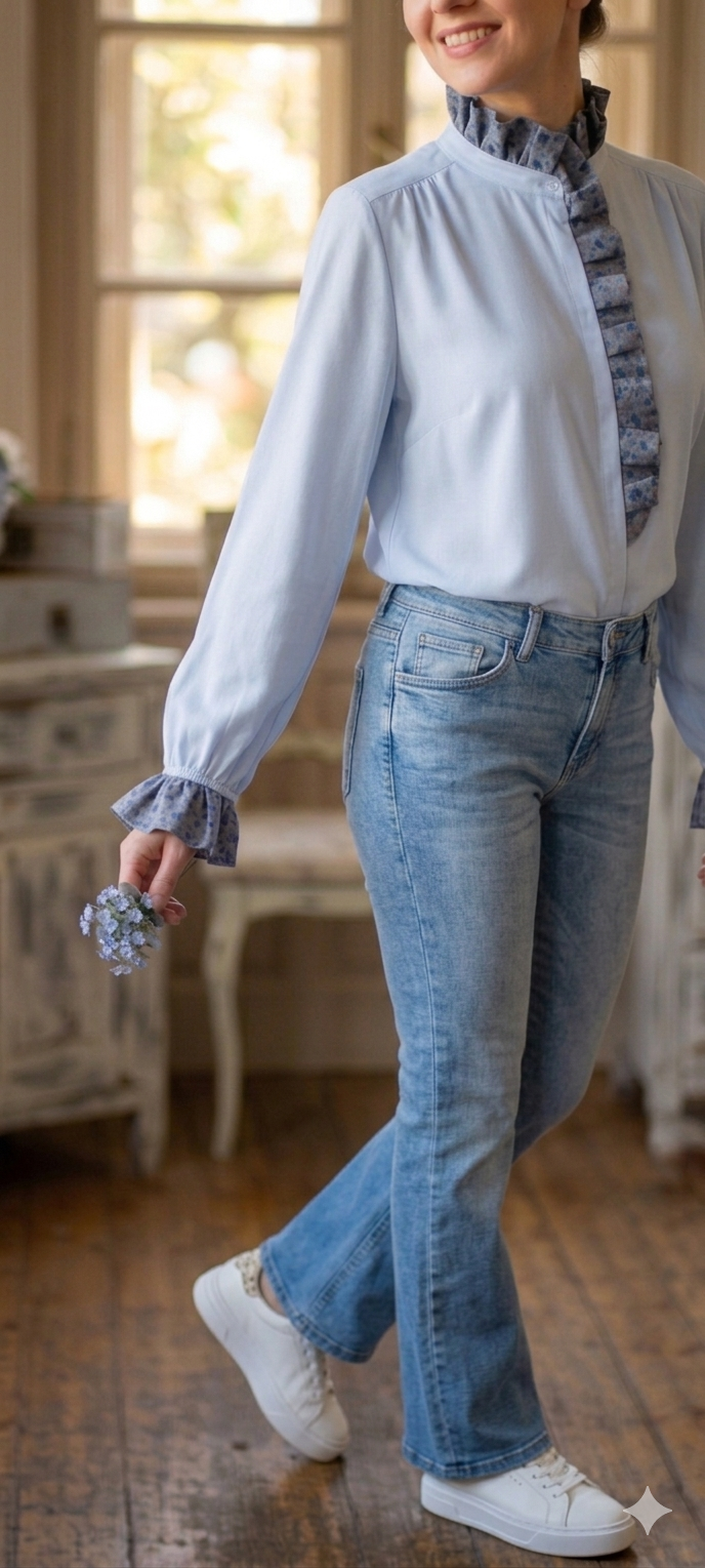 Camicia in cotone azzurro con ruches a fiorellini modello Pierrot- vista indossata con i jeans- Erresse Sartoria