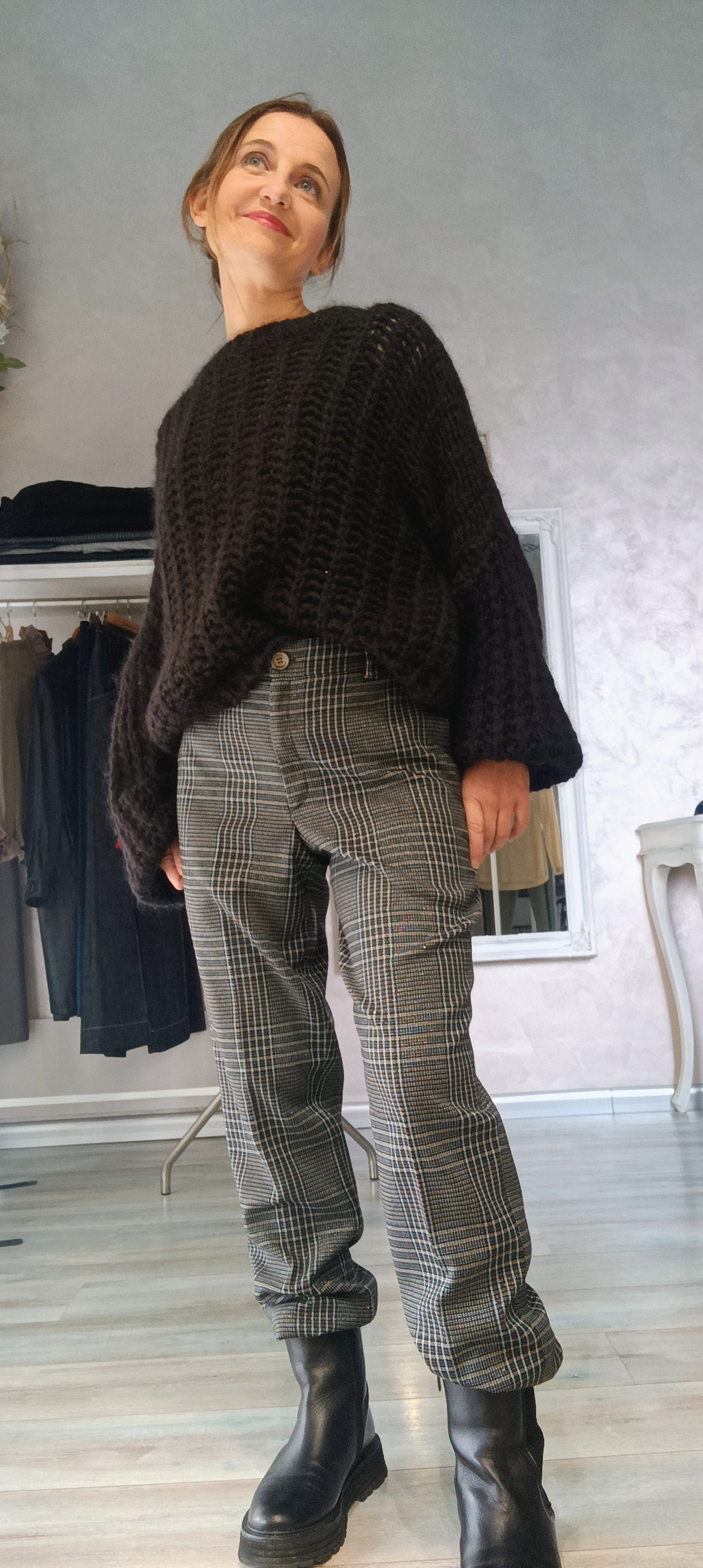 Pantalone elegante a quadri con lurex, vista laterale