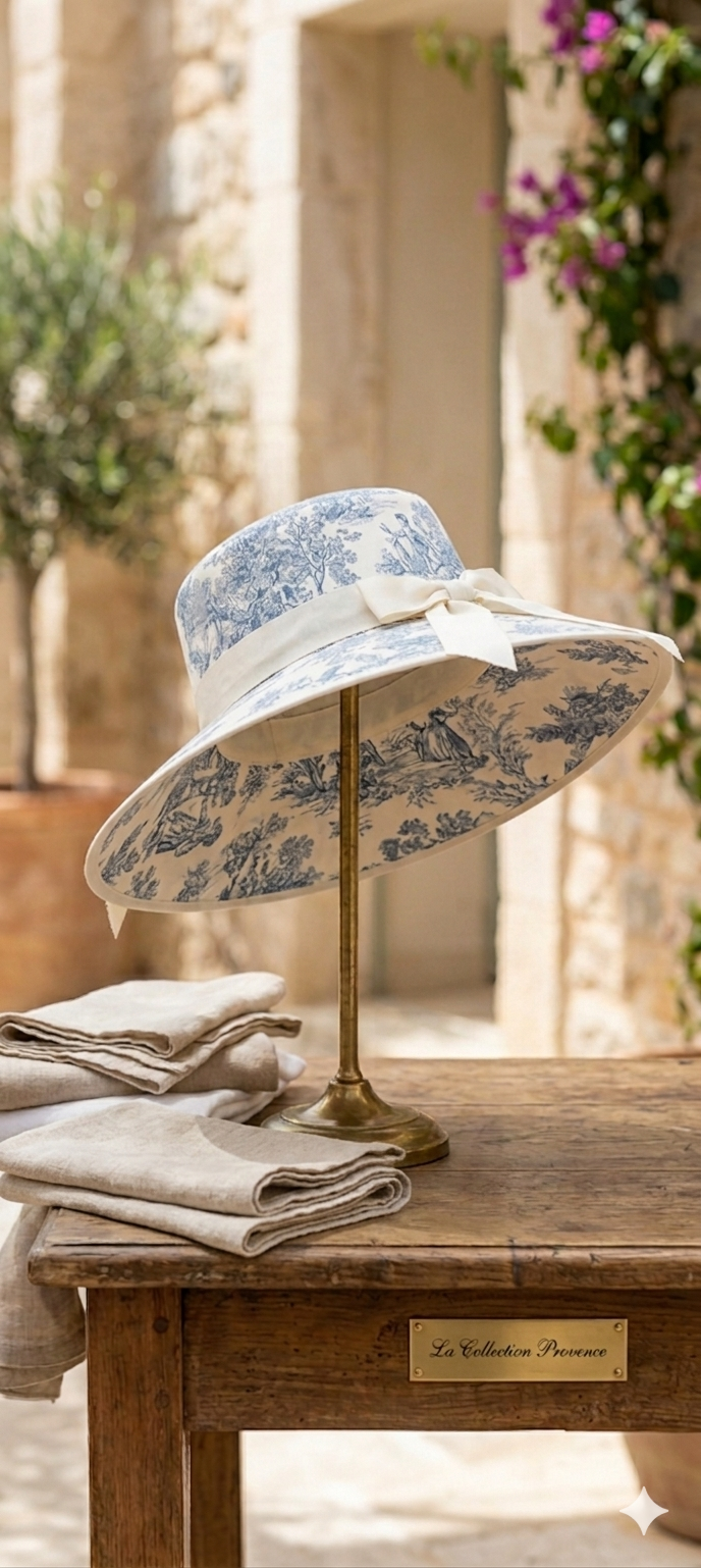 Cappello Positano a tesa larga in cotone Toile de Jouy fatto a mano – Erresse Sartoria Genova