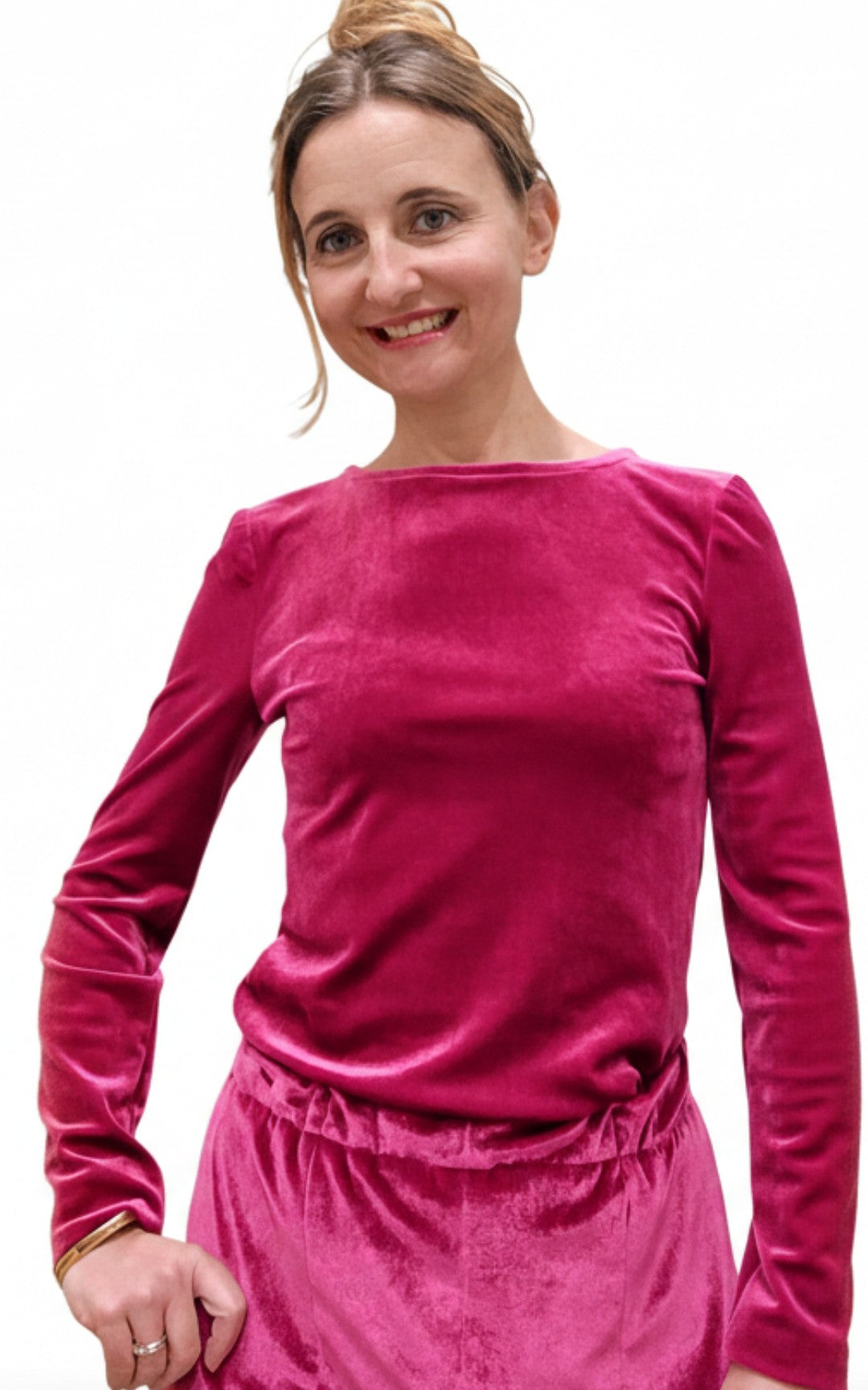 Maglia basica Cristina in velluto color lampone, bluette o ciclamino