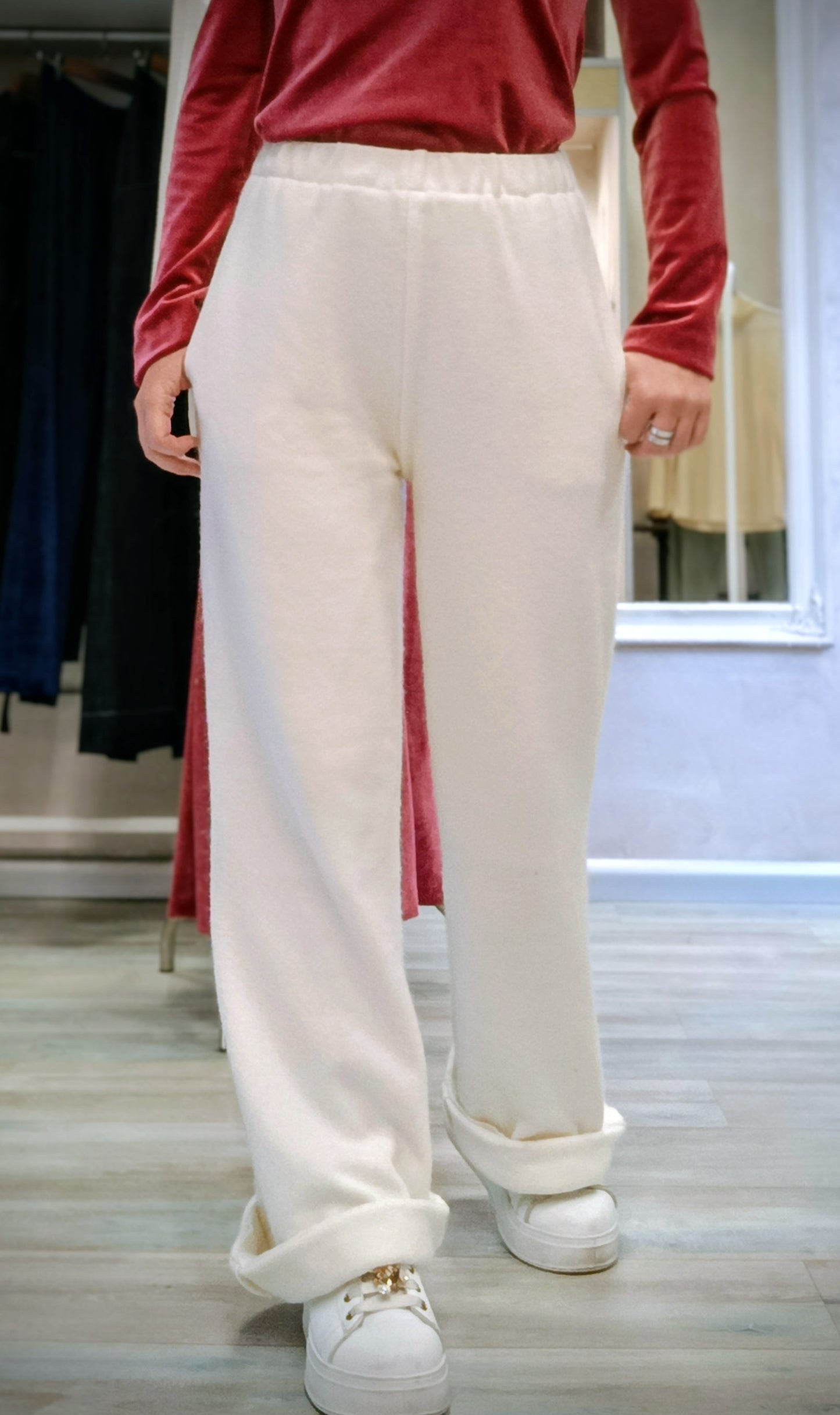 Pantalone Bianca donna in maglina di lana avorio, vista frontale