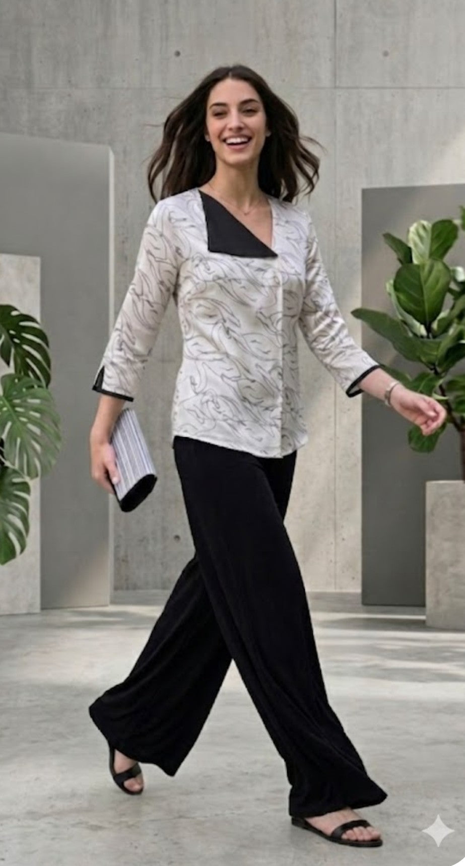 Camicia seta Cigni  abbinata al pantalone a palazzo modello Gelso -veduta di fianco 