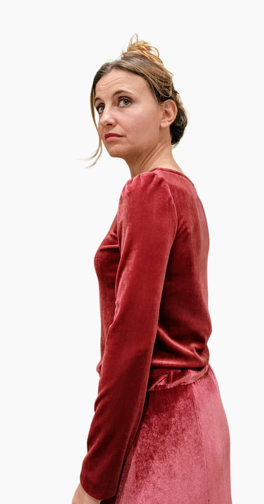 Maglia basica Cristina in velluto color lampone, bluette o ciclamino