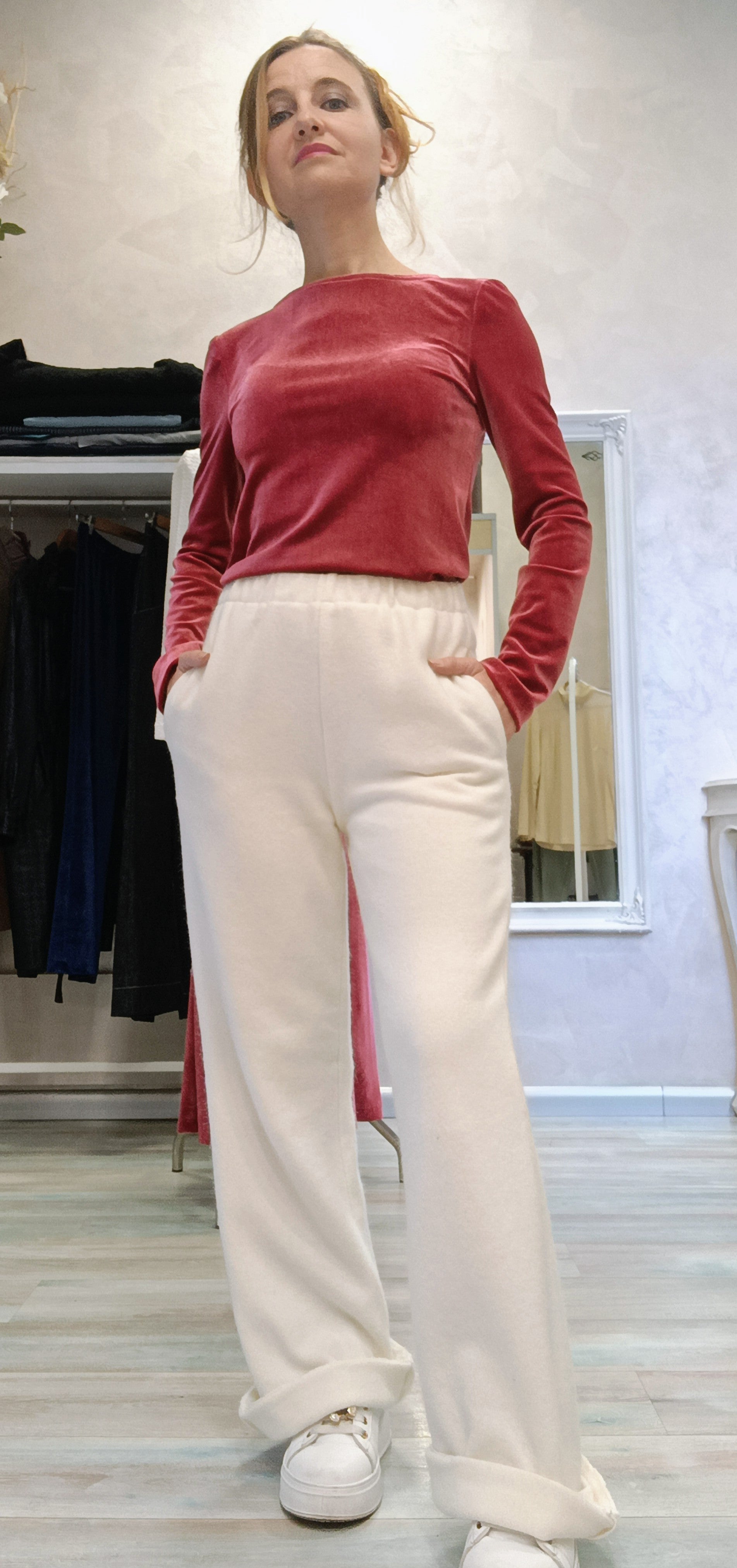 Pantalone morbido Bianca in maglina di lana, dettaglio vestibilità